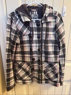 Billabong Black, White & Pink Plaid Hooded Jacket